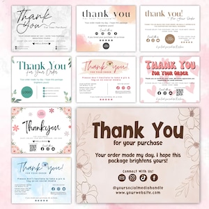 May include: Nine different thank you cards with floral and watercolour designs. The cards feature the text "Thank You" and include social media icons and QR codes.