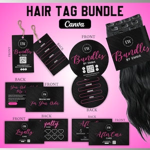 Peut inclure: Un ensemble d'étiquettes pour cheveux avec diverses cartes noires et roses. Les cartes comprennent des étiquettes, des autocollants ronds et des cartes de fidélité. Le texte sur les cartes comprend "Bundles by Emma", "Thank You" et "After Care".