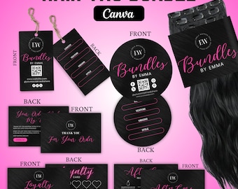 Plantillas de etiquetas para el cabello editables, plantillas de etiquetas para paquetes de cabello DIY, tarjetas de agradecimiento para el cabello, etiquetas colgantes, cuidado posterior, tarjetas de fidelización, plantillas de Canva