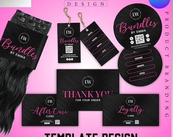 Plantillas de etiquetas para el cabello editables, plantillas de etiquetas para paquetes de cabello DIY, tarjetas de agradecimiento para el cabello, etiquetas colgantes, cuidado posterior, tarjetas de fidelización, plantillas de Canva