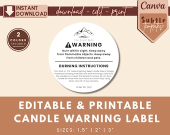 Plantilla de etiqueta de advertencia de velas: pegatinas imprimibles y editables (Canva, descarga instantánea)