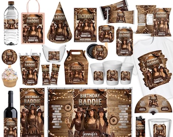 Birthday Party Favor Templates, Canva Birthday Party Bundle, Shot Glass, Tshirt, Chip Bag, Party Cup, Water Bottle, Baddie Birthday Bundle