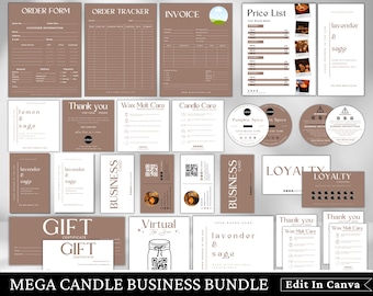 May include: A collection of printable templates for a candle business. The templates include order forms, invoices, price lists, gift certificates, loyalty cards, and social media graphics. The templates are designed in a minimalist style with a brown and white color scheme.