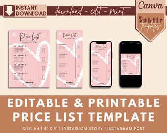 Modelo de lista de preços para salão de beleza: Guia de preços do Pink Spa (editável e imprimível no Canva)