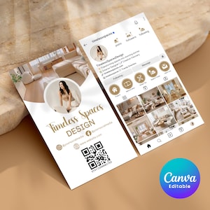 Carte de visite Instagram pour décorateur d'intérieur, modèle de cartes Instagram, carte de visite avec code QR, carte de visite IG, modèle canva