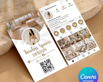 Instagram Business Card For Interior Designer, Instagram Cards Template, QR Code Business Card, IG Business Card, Canva Template