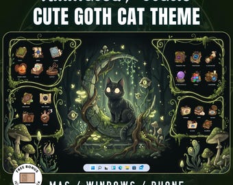 May include: A digital desktop organizer wallpaper set featuring a black cat sitting on a crescent moon in a dark forest. The set includes animated and static icons for Mac, Windows, and phone, with text reading Animated / Static CUTE GOTH CAT THEME.