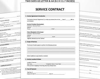 Modèle de contrat de service modifiable, formulaire de planification d'événements et de services commerciaux, documents Google modifiables et imprimables, Word, PDF, téléchargement immédiat