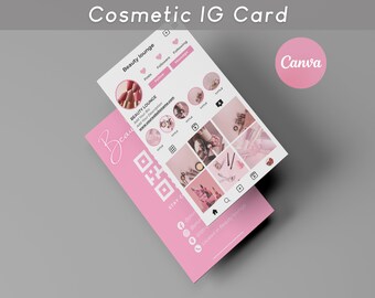 May include: A pink and white Instagram card template for a beauty lounge. The card features a QR code, a grid of images, and the text "Beauty Lounge".