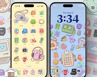 May include: A digital download pack titled 250+ TRINKETS ICONS PACK featuring two smartphones displaying custom app icons and widgets. The icons include cameras, calculators, game consoles, and animals in a colorful, illustrated aesthetic.