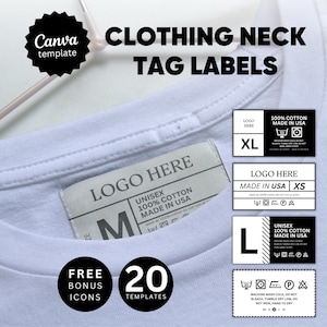 Paquete de etiquetas de cuello editables para ropa, etiquetas de cuello personalizadas para camisetas, etiquetas de cuidado de prendas, etiquetas de ropa, etiquetas de instrucciones de lavado, plantilla de Canva