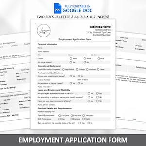 印刷可能な従業員申請書、求人応募テンプレート、人事テンプレート、新入社員フォーム、完全に編集可能なGoogleドキュメント、採用選考
