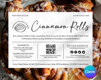 Cinnamon Roll Label Template Bakery Business Labels Cottage Food Sticker Editable Food Label Farmers Market Canva Template Bakery Gift Tags