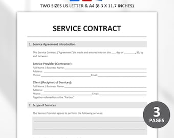 Modèle de contrat de service modifiable, formulaire de planification d'événements et de services commerciaux, documents Google modifiables et imprimables, Word, PDF, téléchargement immédiat