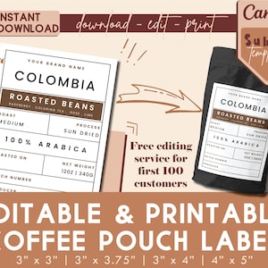 以下が含まれることがあります： 「COLOMBIA ROASTED BEANS」というテキストが白黒のデザインで書かれた、編集可能で印刷可能なコーヒーパウチラベルテンプレート。ラベルのサイズは、3インチ×3インチ、3インチ×3.75インチ、3インチ×4インチ、4インチ×5インチです。