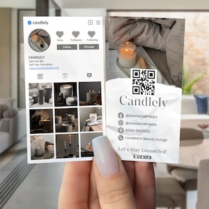 May include: A social media card for a candle business called "Candlely". The card features a grid of images of candles, a QR code, and contact information including a website, social media handles, and phone number. The text "Let's Stay Connected!" is at the bottom of the card.