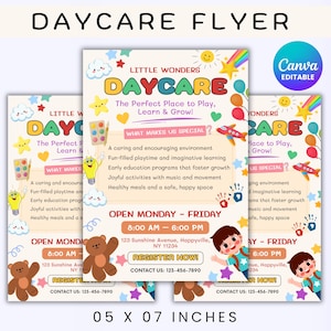 May include: A colorful daycare flyer with the text "DAYCARE" and "The Perfect Place to Play, Learn & Grow!" The flyer includes illustrations of a teddy bear, a plane, and stars. The flyer is 5 x 7 inches.