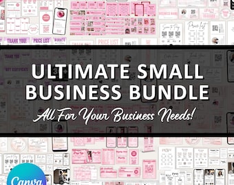 May include: A digital collection of over 40 editable business templates featuring a pink and white color scheme. The set includes price lists, thank you cards, gift certificates, and loyalty cards with QR code placeholders and Canva branding.