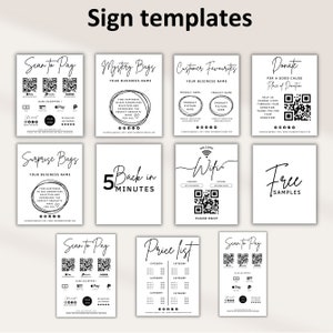 May include: Ten black and white printable sign templates for a business. The signs include text such as "Scan to Pay", "Mystery Bags", "Customer Favorites", "Donate", "Surprise Bags", "Back in 5 Minutes", "Wifi", "Free Samples", "Scan to Pay", and "Price List".