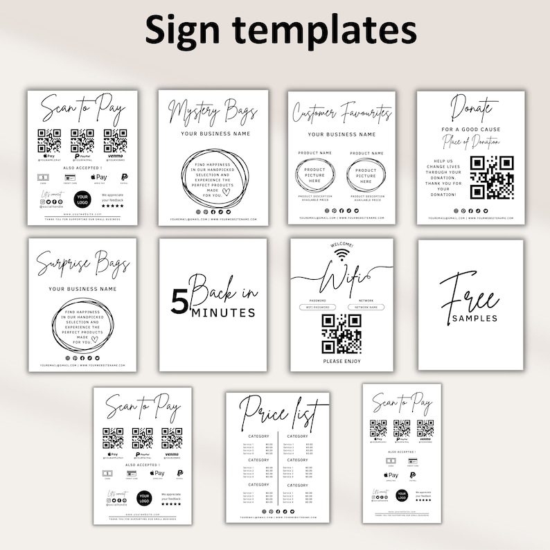 May include: Ten black and white printable sign templates for a business. The signs include text such as "Scan to Pay", "Mystery Bags", "Customer Favorites", "Donate", "Surprise Bags", "Back in 5 Minutes", "Wifi", "Free Samples", "Scan to Pay", and "Price List".