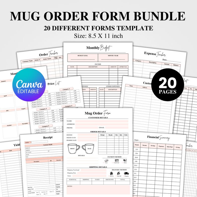 Mug Order Form Bundle, Editable Mug Order Form Template, Mug Business ...