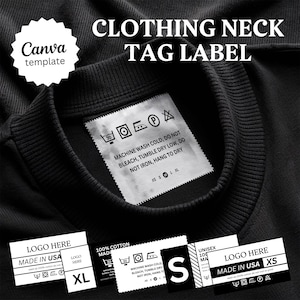 Paquete de etiquetas de cuello editables para ropa, etiquetas de cuello personalizadas para camisetas, etiquetas de cuidado de prendas, etiquetas de ropa, etiquetas de instrucciones de lavado, plantilla de Canva