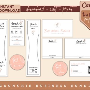May include: A digital download bundle for creating scrunchie business branding. The bundle includes a logo template, business card template, thank you tag template, and care instructions template. The templates feature a floral design with pink and brown accents. The text "Sarah Bachelorette Party" appears on several of the templates.