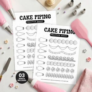 May include: Two white paper cake piping practice sheets with black printed illustrations of piping nozzle shapes and frosting patterns. The sheets feature the text CAKE PIPING PRACTICE SHEET and 03 SHEETS INCLUDED. Piping bags, metal tips, and a spatula are visible.