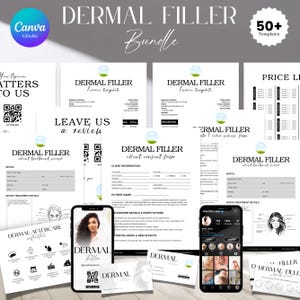Op de afbeelding: Een verzameling printbare sjablonen voor fillers, inclusief cliënttoestemmingsformulieren, behandelingsregistraties, facturen en prijslijsten. De sjablonen hebben een minimalistisch ontwerp met zwarte en witte tekst op een grijze achtergrond.