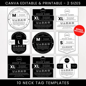 Paquete de etiquetas de cuello editables para ropa, etiquetas de cuello personalizadas para camisetas, etiquetas de cuidado de prendas, etiquetas de ropa, etiquetas de instrucciones de lavado, plantilla de Canva