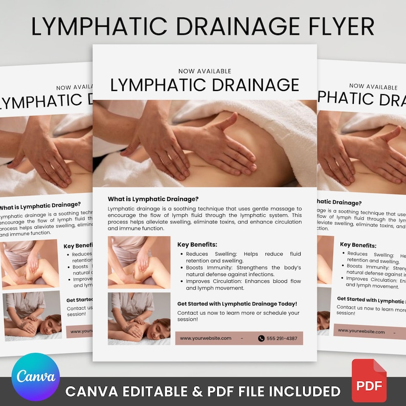 May include: A flyer titled "Lymphatic Drainage" with text describing the benefits of lymphatic drainage. The flyer includes images of a person receiving a massage. The flyer is available as a Canva editable and PDF file.