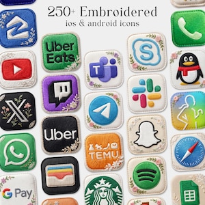 May include: A collection of embroidered app icons, including Uber Eats, YouTube, and Snapchat, with floral accents. The text "250+ Embroidered ios & android icons" is displayed at the top.