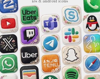 May include: A collection of embroidered app icons, including Uber Eats, YouTube, and Snapchat, with floral accents. The text "250+ Embroidered ios & android icons" is displayed at the top.