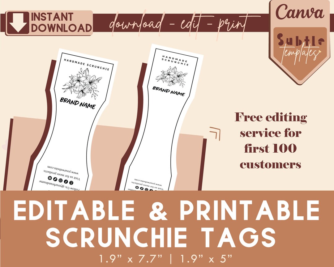 Printable Scrunchie Hang Tags, Editable Scrunchie Tag, Customizable Tag for Scrunchie Business