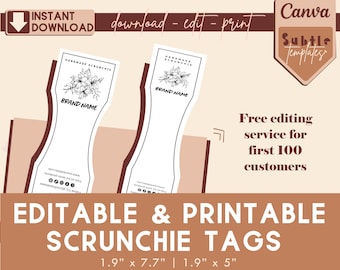 Printable Scrunchie Hang Tags, Editable Scrunchie Tag, Customizable Tag for Scrunchie Business, Canva Template, Instant Download