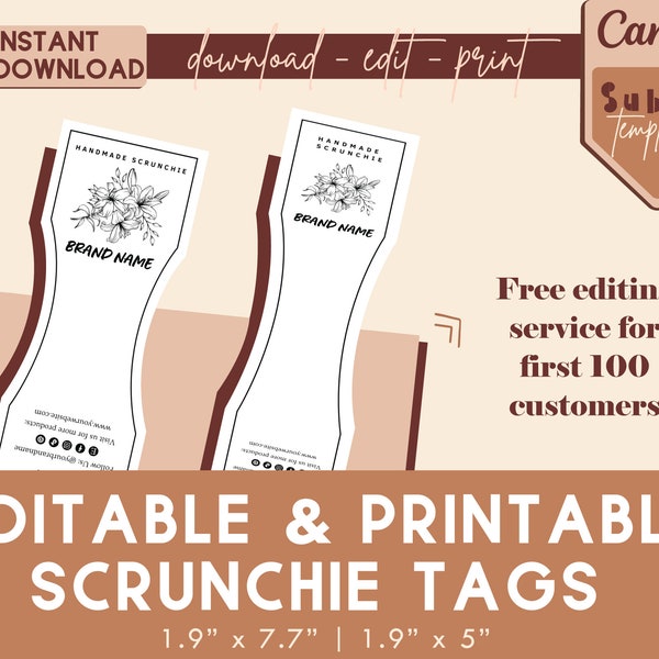 Printable Scrunchie Hang Tags, Editable Scrunchie Tag, Customizable Tag for Scrunchie Business, Canva Template, Instant Download