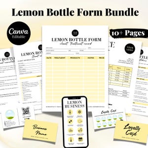 May include: A printable bundle of 10+ pages of forms for a lemon bottle business. The forms include a client treatment record, a bill to customer form, and a loyalty card. The forms are designed in a yellow and black color scheme with a lemon theme.