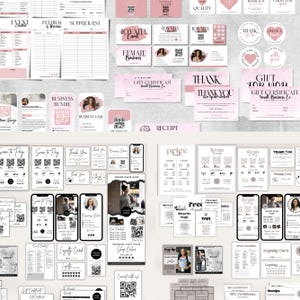 May include: A collection of pink and white business stationery, including loyalty cards, gift certificates, thank you cards, and price lists. The designs feature floral accents and QR codes, ideal for small business branding.