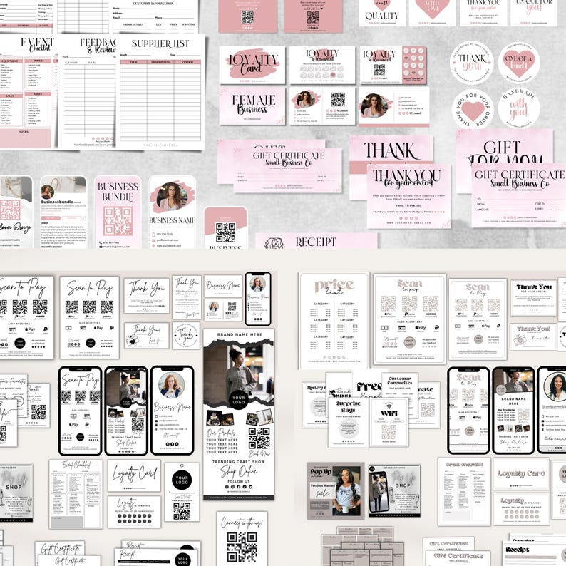 May include: A collection of pink and white business stationery, including loyalty cards, gift certificates, thank you cards, and price lists. The designs feature floral accents and QR codes, ideal for small business branding.