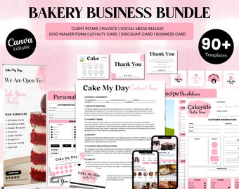 Puede incluir: Un paquete de marketing digital rosa y blanco para una panadería. El paquete incluye más de 90 plantillas para formularios de admisión de clientes, facturas, comunicados de prensa en redes sociales, formularios para paseadores de perros, tarjetas de fidelización, tarjetas de descuento y tarjetas de visita. Las plantillas presentan un esquema de color rosa y blanco con un diseño lindo y juguetón.