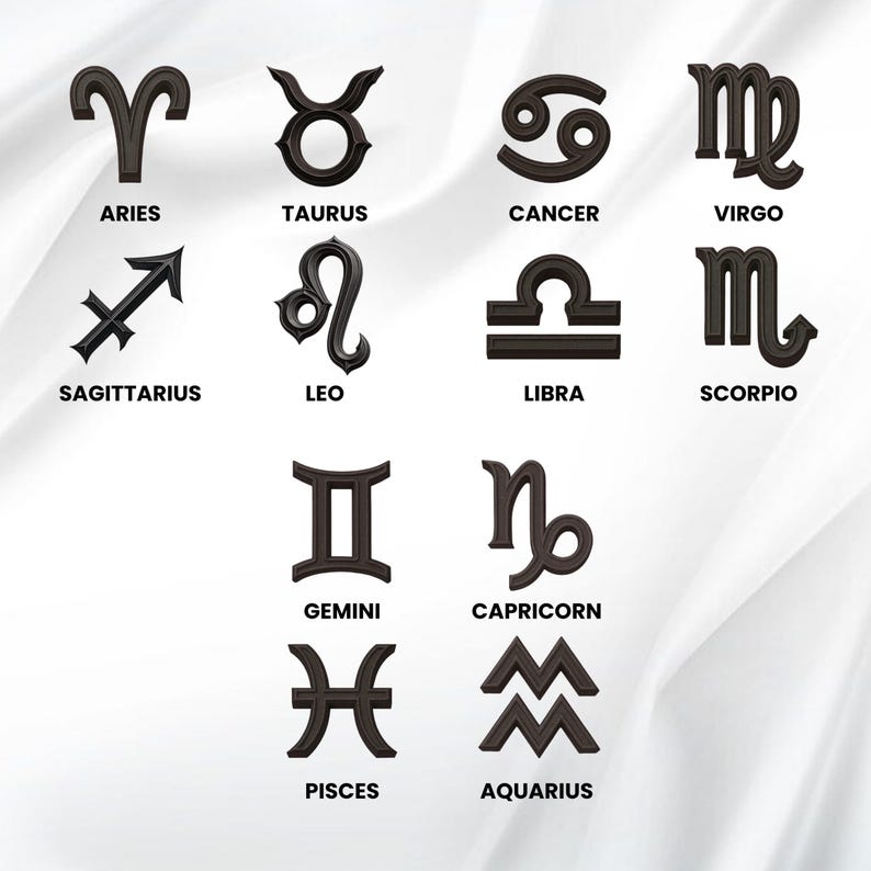 Puede incluir: Una colecci&oacute;n de doce s&iacute;mbolos del zod&iacute;aco de color gris oscuro, cada uno con su nombre debajo. Los s&iacute;mbolos incluyen Aries, Tauro, C&aacute;ncer, Virgo, Sagitario, Leo, Libra, Escorpio, G&eacute;minis, Capricornio, Piscis y Acuario.