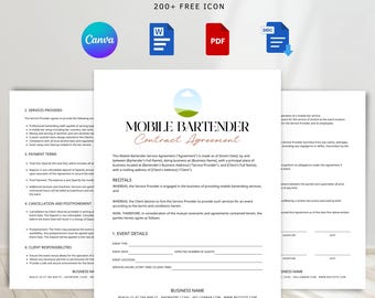Mobile Bar Vertragsvorlage. Barkeeper-Vereinbarung, Barkeeper-Servicevertrag, Mobile Bar Event, Hochzeit Mobile Bar, Canva Template