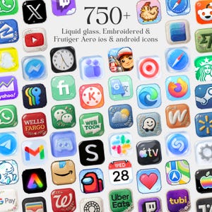 May include: A collection of 750+ app icons featuring liquid glass, embroidered, and Frutiger Aero styles for iOS and Android. The grid displays various colorful, textured digital icons including social media, utility, and entertainment logos.