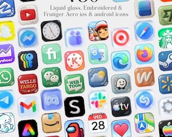 May include: A collection of 750+ app icons featuring liquid glass, embroidered, and Frutiger Aero styles for iOS and Android. The grid displays various colorful, textured digital icons including social media, utility, and entertainment logos.