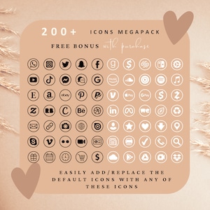 May include: A graphic with over 200 social media icons in black and white circles on a light brown background. The text "200+ ICONS MEGAPACK" and "FREE BONUS with purchase" is at the top of the graphic. The text "EASILY ADD/REPLACE THE DEFAULT ICONS WITH ANY OF THESE ICONS" is at the bottom of the graphic.