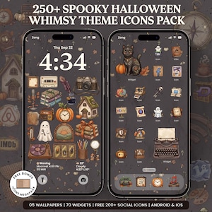 May include: Two smartphones displaying a digital interface with a dark grey background featuring 250+ Spooky Halloween Whimsy Theme Icons Pack. The screens show various illustrated icons including a cat, pumpkins, books, a typewriter, and a camera.