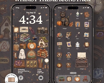 May include: Two smartphones displaying a digital interface with a dark gray background featuring 250+ Spooky Halloween Whimsy Theme Icons Pack. The screens show various illustrated icons including a cat, pumpkins, books, a typewriter, and a camera.