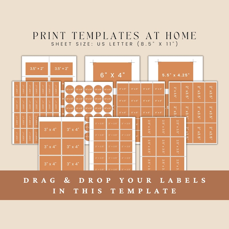 May include: Print templates at home with various label sizes, including 3.5" x 2", 6" x 4", and 5.5" x 4.25". The sheet size is US Letter (8.5" x 11"). The text "Drag & Drop Your Labels In This Template" is also visible.