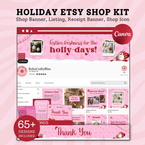 Pink Retro Etsy Shop Kit, Christmas Etsy Branding Kit, Christmas Etsy Banner Kit, Holiday Etsy Shop Bundle, Etsy Shop Templates Canva