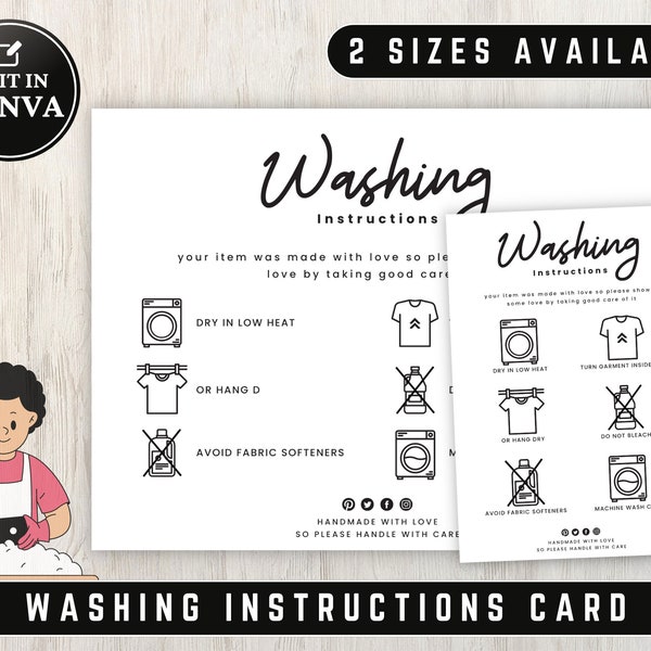 Washing Instructions Tag, Shirt Care Card for Tagging, Clothing Care Instructions Ready to Print, PDF PNG Digital Download